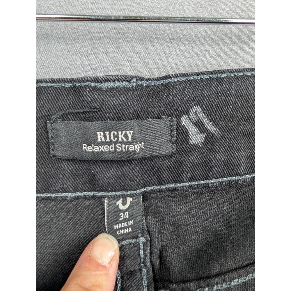 True Religion Ricky Relaxed Straight Black Jeans Raw Hem Mens 34